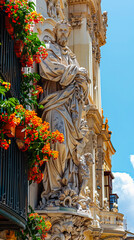 Obraz premium Historic Stone Statue with Flowered Balcony in Valencia's Saint Mary's Square under Bright Blue Sky
