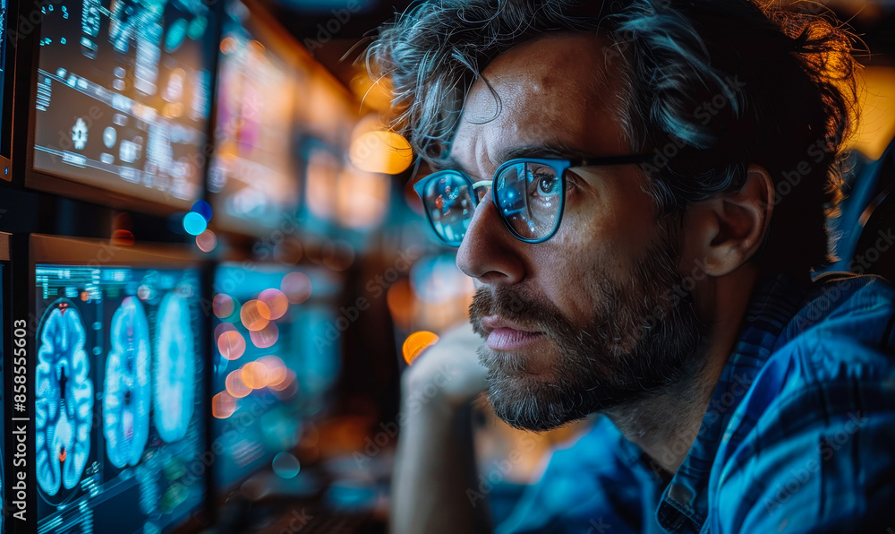 Poster focused male computer engineer working on neural networks at high-tech workstation at night, monitor