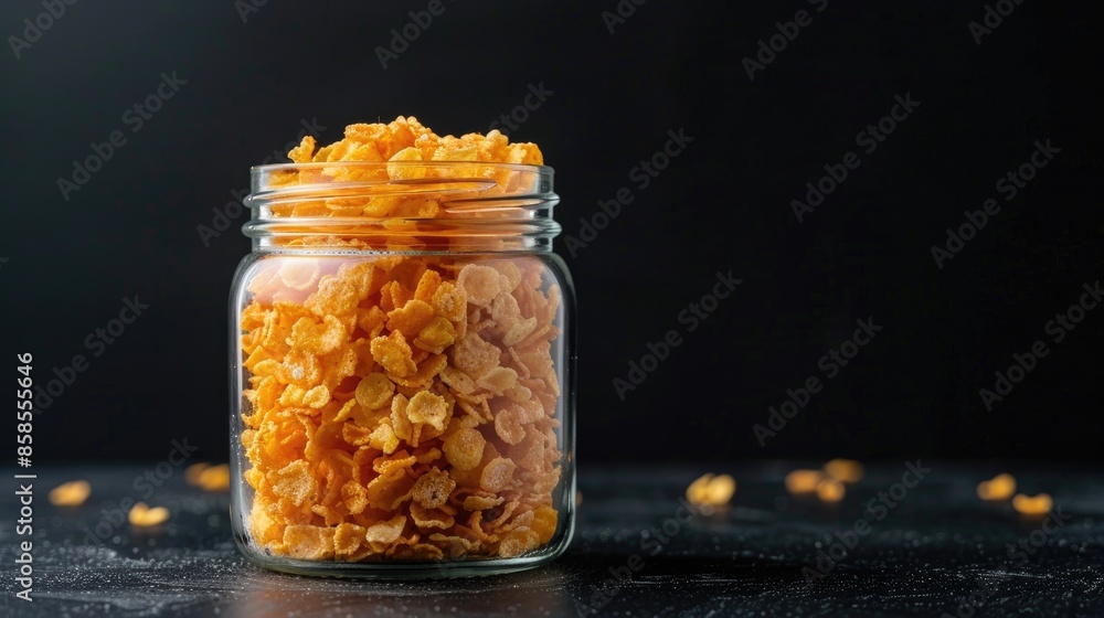 Poster corn flakes in glass jar on black surface with black background shot vertically