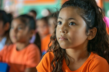 Girl in an orange shirt is sitting in a classroom. Orange t-shirt day concept