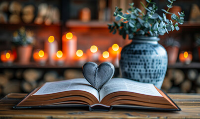 Open Book with Heart Shaped Object and Candle Bokeh for Valentines Day, Romantic Cozy Setting for Love and Literature Theme