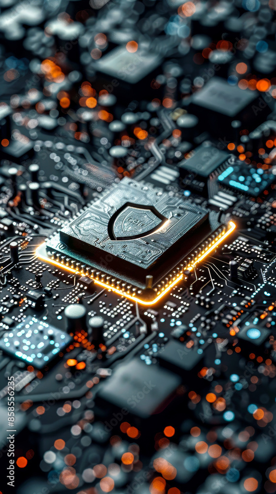 Poster 3d render of security shield on microchip displaying data flow on futuristic motherboard illustratin