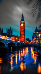 Fototapeta premium Big Ben London Tower Reflected in Thames River Lights at Night with Passing Bus, Foggy Sky, and Illuminated Bridge by Westminster