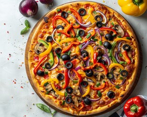 A vibrant vegetable pizza loaded with colorful bell peppers, onions, olives, and mushrooms on a whole wheat crust