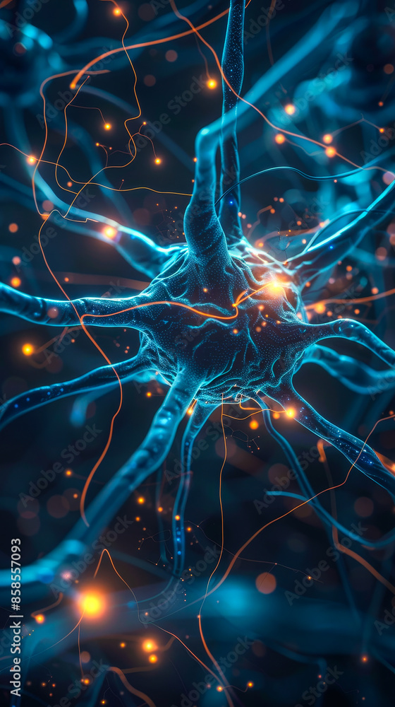 Poster futuristic neural network with glowing bioluminescence representing ai and brain interface, biotech 
