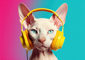 Portrait of a cool sphynx cat with headphones in the style of vibrant pastels, listening to music in fashion style. bright light minimal background