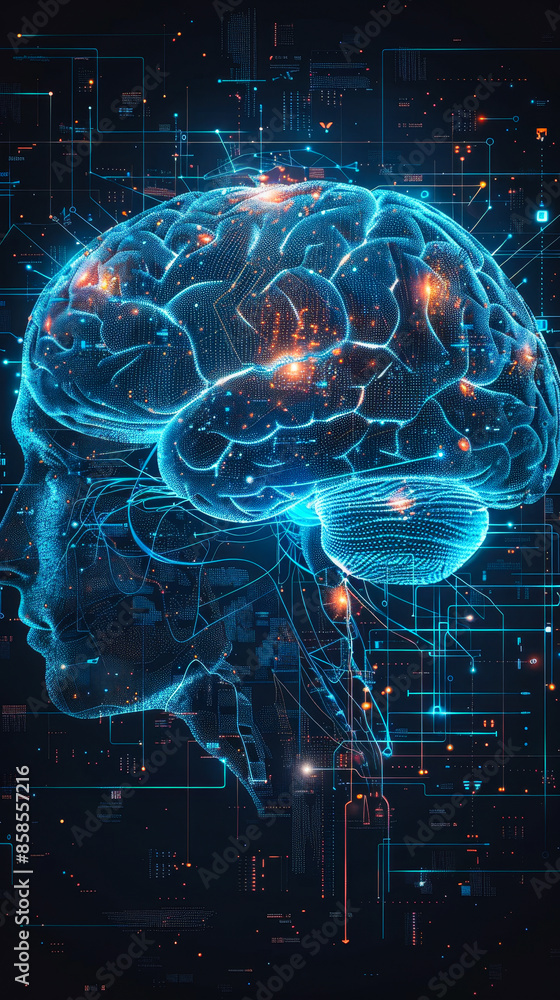 Poster futuristic smart brain technology concept with digital blue neural network interface in a dark cyber