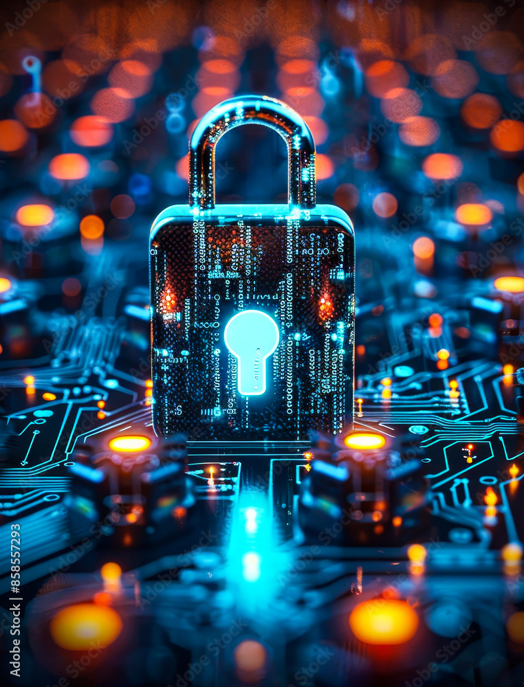 Poster cybersecurity lock on circuit board with glowing lights representing digital protection and network 