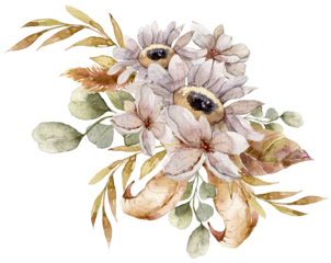 Watercolor illustration of floral bouquet composition with peony, autumn dried leaves, berries. Hand painted watercolor clipart for Halloween and Thanksgiving card, wedding invitation cards