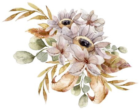 Watercolor illustration of floral bouquet composition with peony, autumn dried leaves, berries. Hand painted watercolor clipart for Halloween and Thanksgiving card, wedding invitation cards