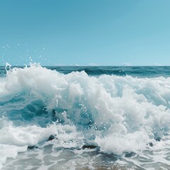 Fototapeta premium Captivating ocean wave crashing onto shore under a clear blue sky, showcasing the power and beauty of nature.