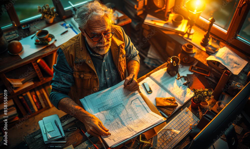 Poster architectural engineer analyzing blueprints with tablet and desktop computer in cozy evening light, 