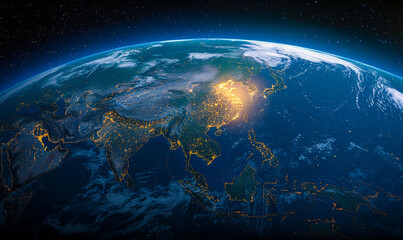 Earth from Space at Night Showing City Lights over Asia and Japan, Photorealistic 3D Render Global Connectivity Concept