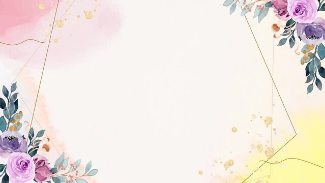 Beautiful watercolor floral frame botanical border. Widescreen wedding invitation video