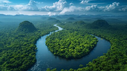 Serene Beauty of Congo Plateau: Lush Tropical Forests, River, and Blue Sky