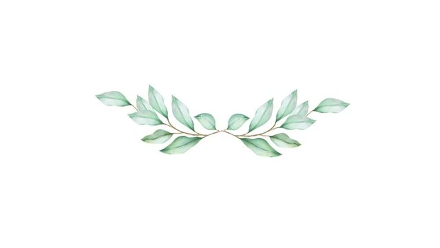 Watercolor painting of eucalyptus leaves on a white background. Half wreath laurel animation.