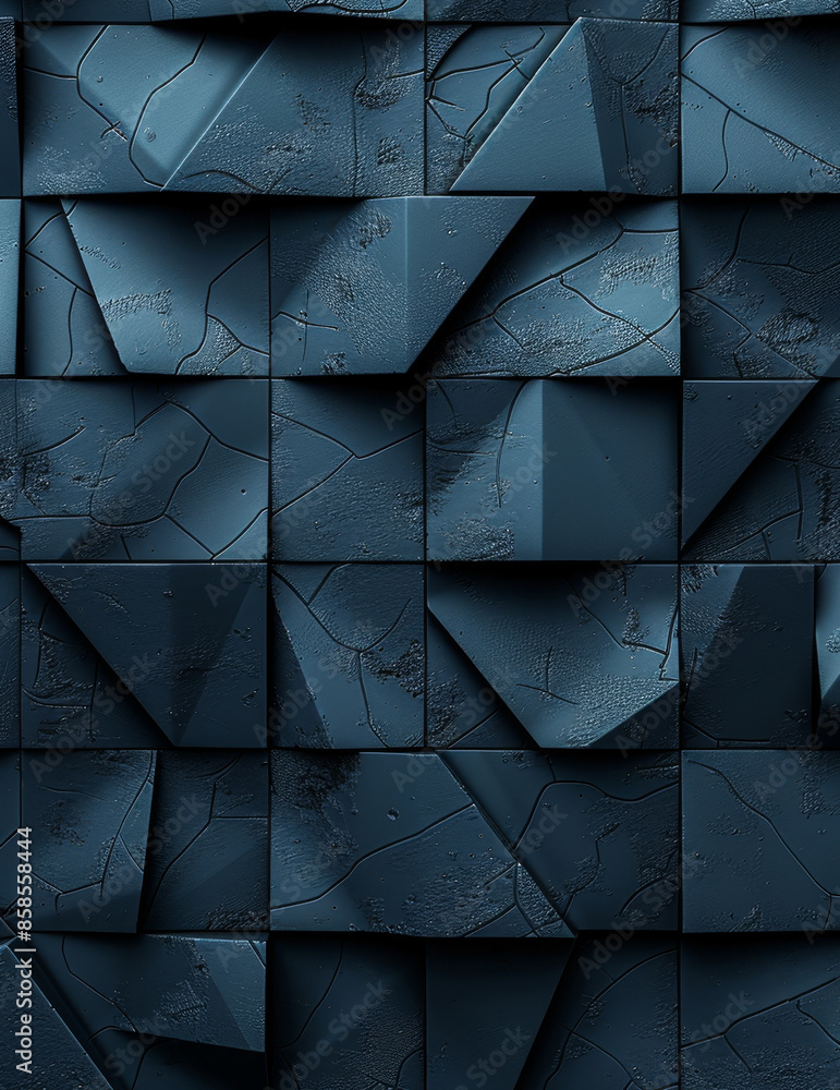 Poster futuristic high tech triangular block structure with 3d triangle tile pattern on dark background, te