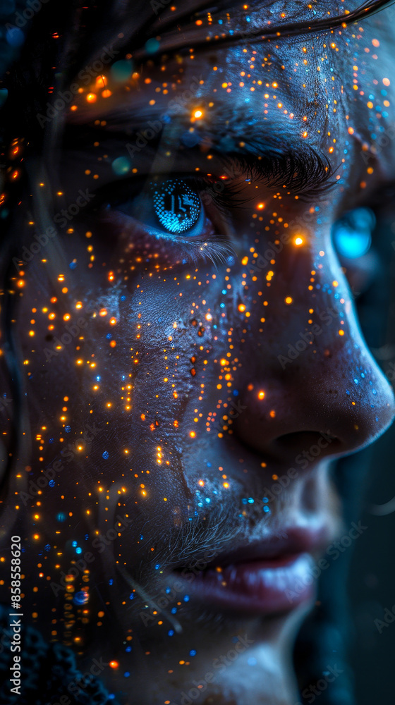 Poster close-up of man's face with cyber security graphics and digital interface effects, highlighting the 