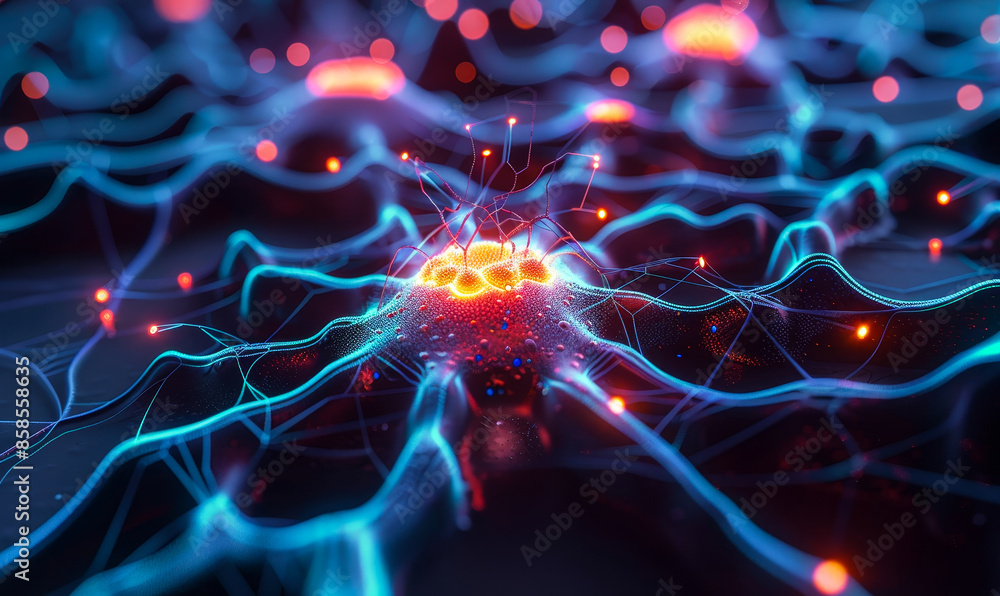 Poster futuristic neural network with glowing bioluminescence representing direct brain-ai interface for ad