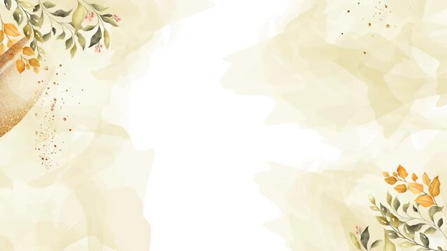 Watercolor painting of flowers and leaves on a textured background. Warm themed backdrop for wedding invitation.