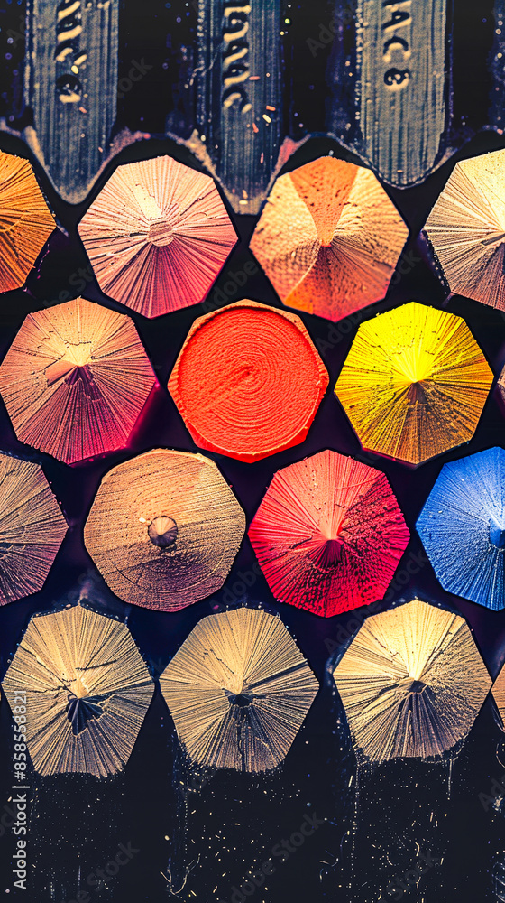 Poster close-up macro view of colorful pencil tips in artistic arrangement creating a vibrant and creative 