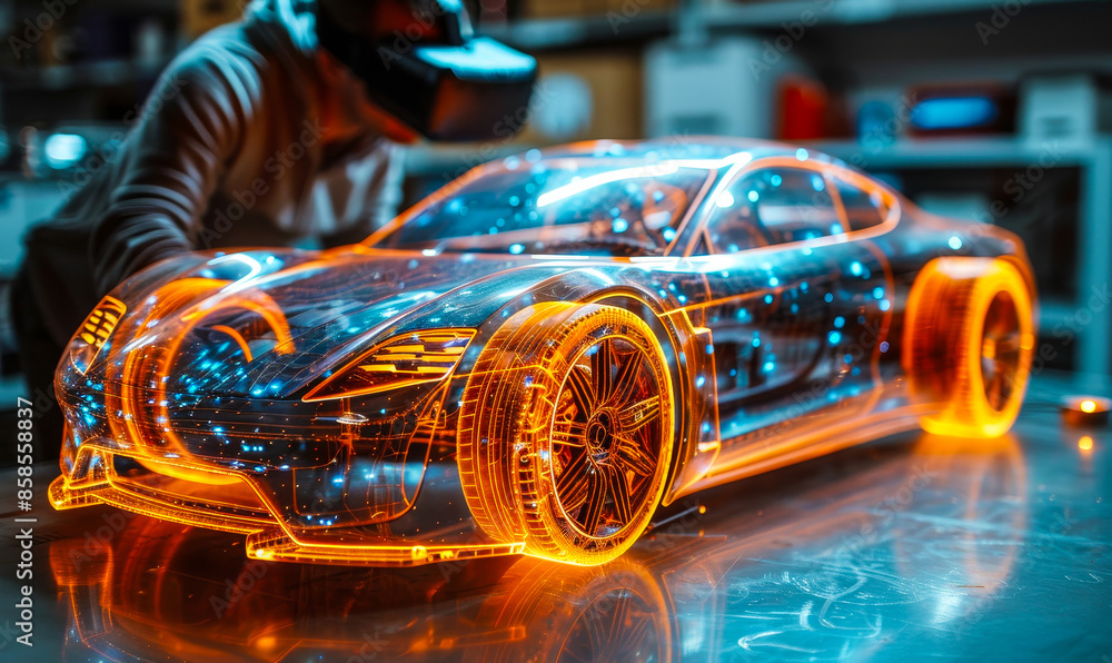 Poster automotive engineer utilizing virtual reality to design and optimize a 3d model of an electric car p