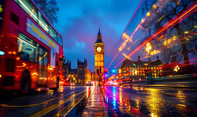 Obraz premium Big Ben and Double-Decker Bus in Motion, Reflective Streets of London at Night, Vibrant Cityscape, Urban Lights and Movement, Iconic UK Landmark, Nighttime Rainy Scene, Modern City Life