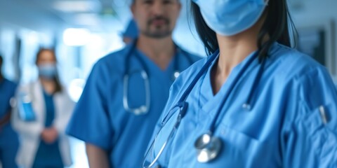 Team of healthcare workers in blue scrubs standing in hospital hallway. Soft focus photography with blue tone. 