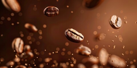 Floating coffee beans in mid-air with a brown background. Coffee and food photography concept.