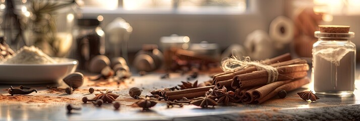 A close-up shot of various baking spices arranged on a kitchen countertop, including cinnamon sticks, nutmeg, cloves, and vanilla pods. Generative AI