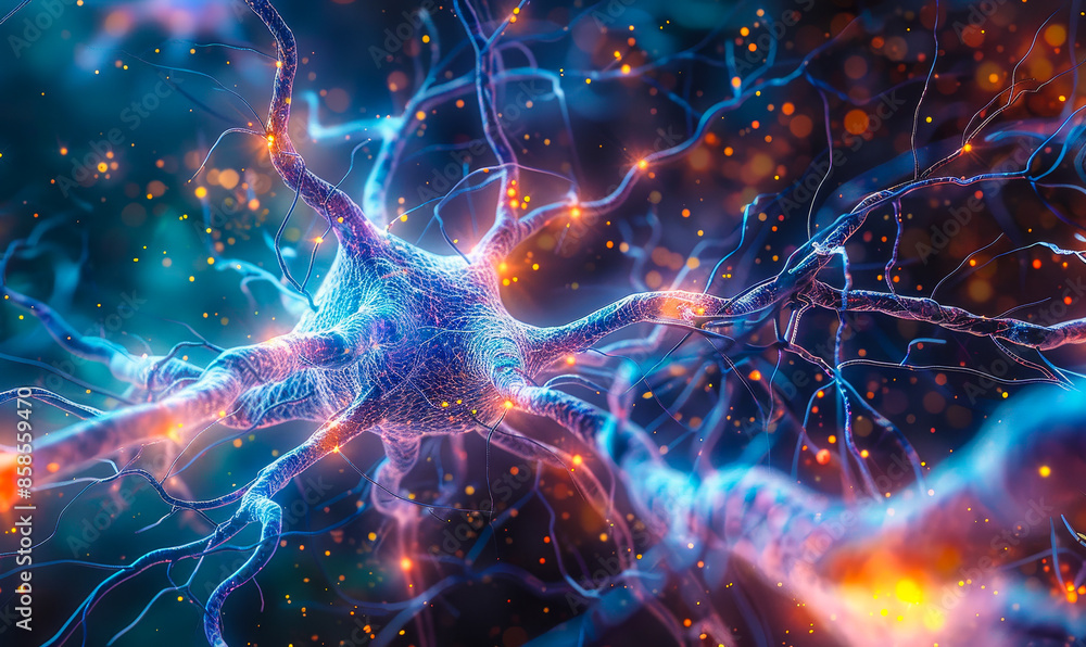 Poster vibrant neural network dendrites extending intertwining synapses close-up scientific visualization c