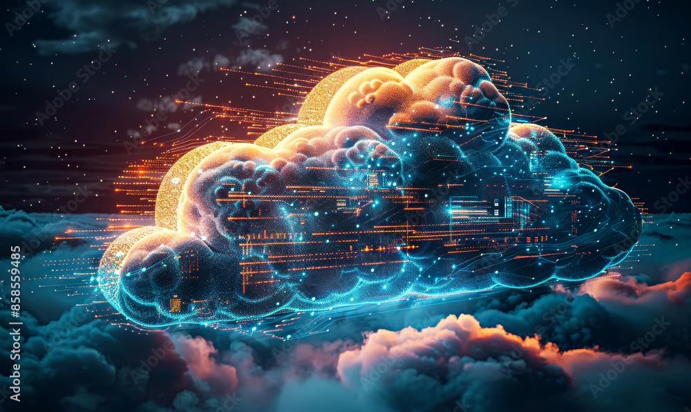Poster Futuristic Cloud Computing Technology Concept Representing Internet Data Storage and Cyberspace Network with Vibrant Digital Elements at Night
