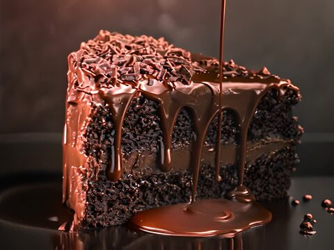 Chocolate spongy brownie cakes with walnuts and melted chocolate topping on a stack