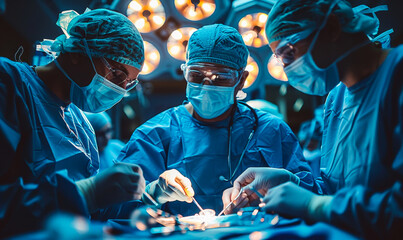 Medical Team Performing Complex Surgical Operation in Modern Operating Room Under Bright Lights, Focused Surgeons in Blue Scrubs Conducting Surgery, Medical Procedure, Operating Theater