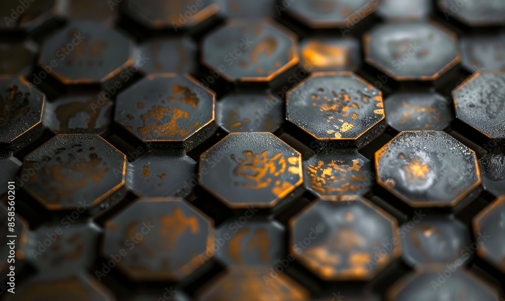 Poster hexagonal metallic texture macro close-up with rust details - industrial and technological patterns 