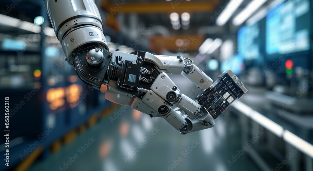 Poster robotic arm holding a circuit board in a factory setting