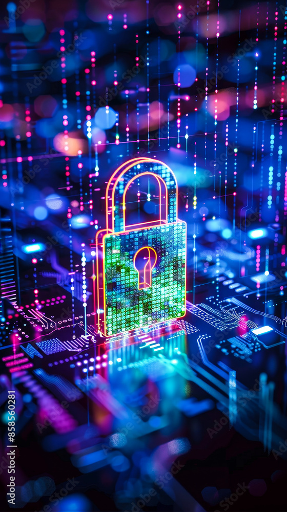Poster digital lock representing cyber security and data protection in advanced technological network envir