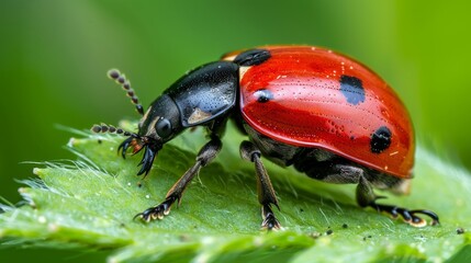 Hyperrealistic close up of Ladybug, a pest insect, crawling on a vibrant green leaf in detailed view, banner