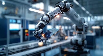 Industrial Robot Arm Holding a Circuit Board