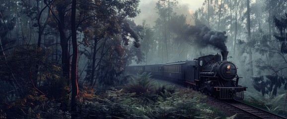 Steam Train Journey Through A Dense, Misty Forest