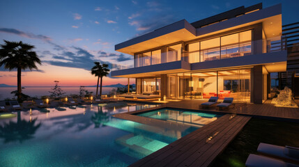 modern big country villa with pool and palm trees, warm lit