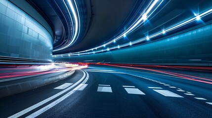 Futuristic Highway with Light Trails of Speeding Cars in an Urban Tunnel, Generative AI