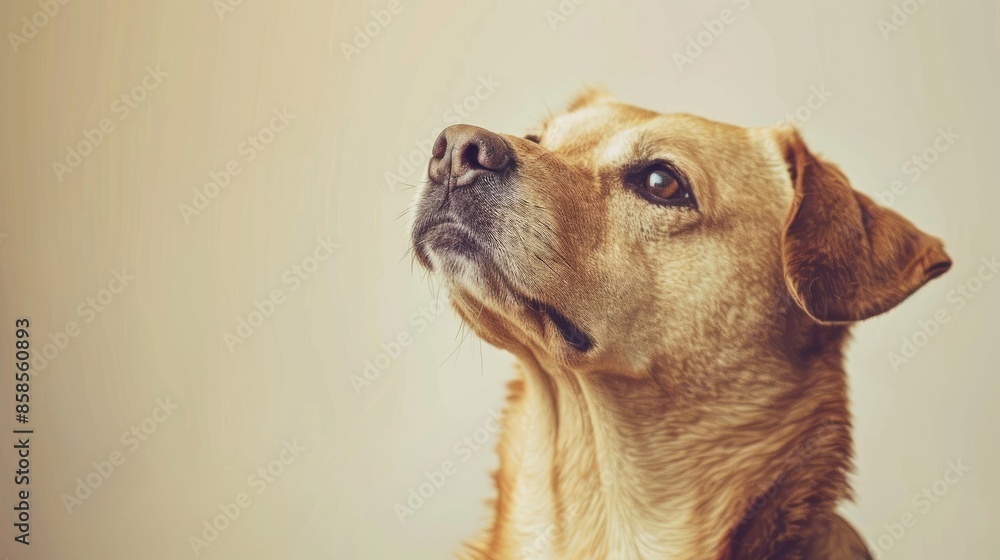Poster high quality image of a dog gazing upward on a bright background with empty space for text