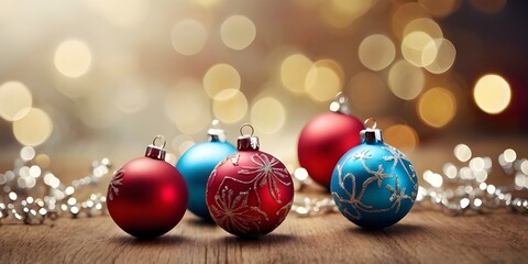 Christmas balls decorations hanging with copy space. bokeh background. Generative AI