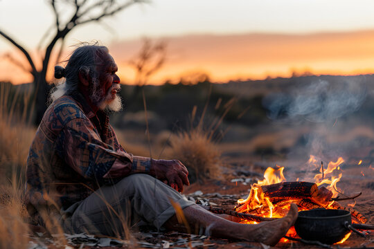 Australian elder tells stories by campfire at sunset
