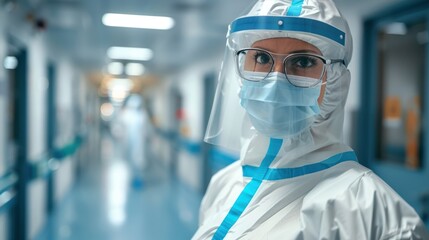 Dedicated Nurse in Protective Gear Walking through Hospital Corridor