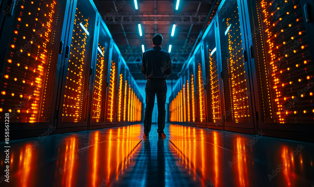 Poster it specialist using laptop in modern data center with cyber security and network maintenance adminis