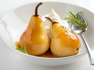 A beautifully composed image of two poached pears served in a pristine white bowl. The pears are perfectly glazed, showcasing a glossy and inviting appearance. They are accompanied by a dollop of whip