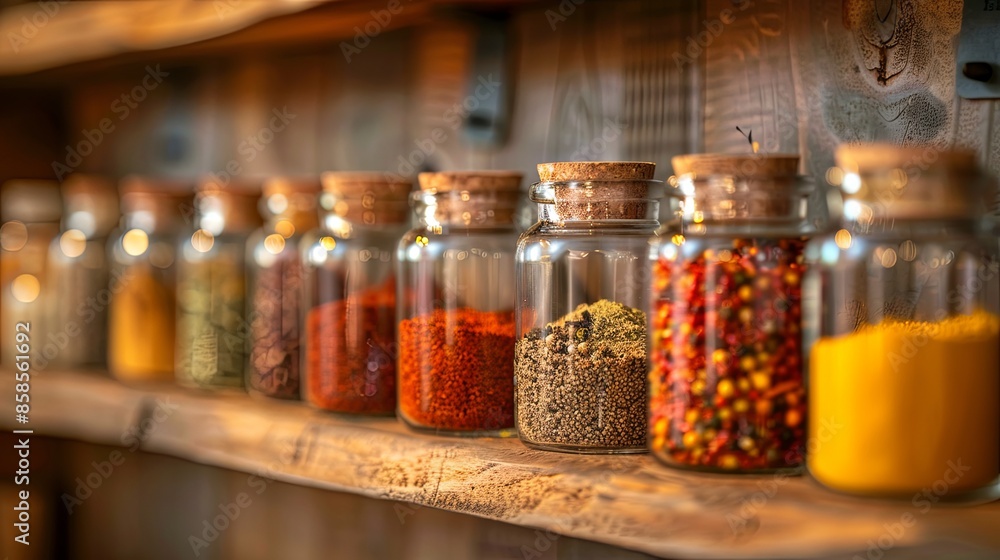 Aufkleber a row of glass jars filled with various spices are neatly arranged on a wooden shelf. the jars are l