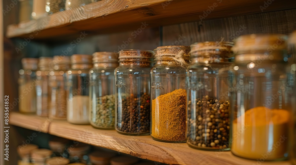 Poster a close-up view of glass jars filled with various spices, neatly arranged on a wooden shelf. the jar